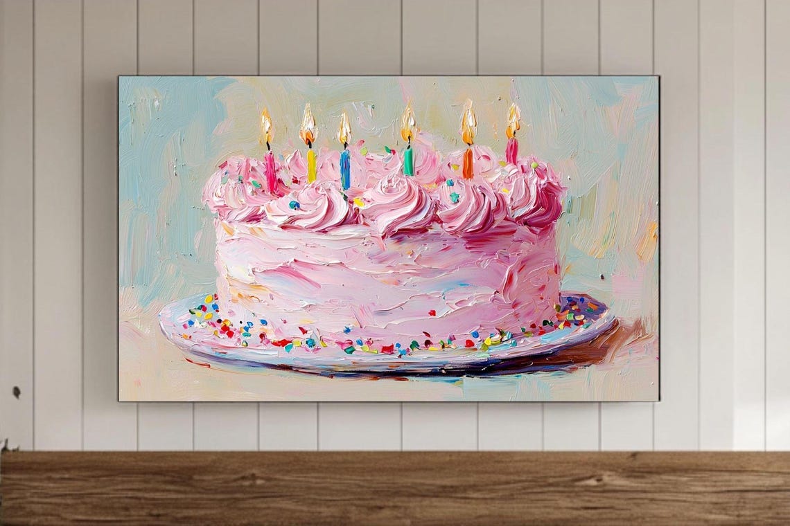 Pink Birthday Cake with Lit Candles Impasto Celebration Poster
