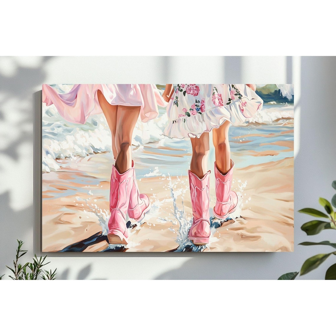 Pink Cowboy Boots on the Beach Girly Coastal Western Art Print