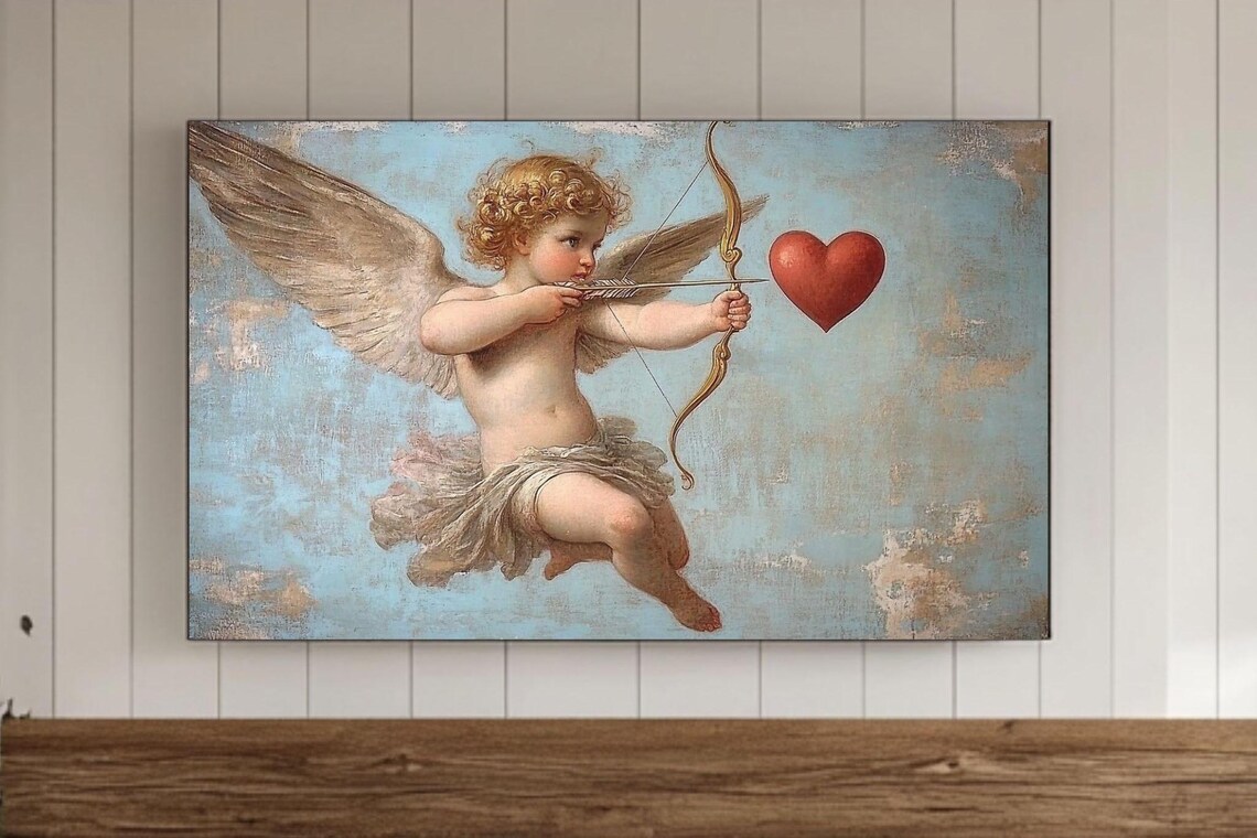 Flying Cupid Drawing Bow Red Heart Valentine Romantic Painting Poster