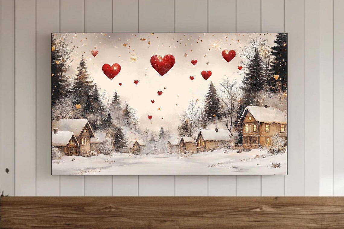 Snowy Village Panorama Under A Sky Of Sparkling Red Hearts Poster