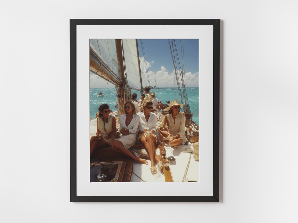 Group of Women Sailing on a Yacht Midcentury Coastal Glamour Art Poster