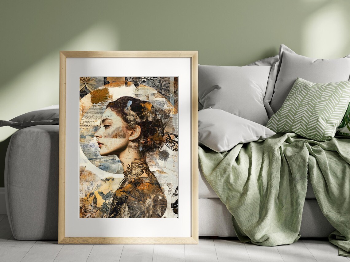 Botanical Collage Woman Portrait Surreal Mixed Media Art Poster