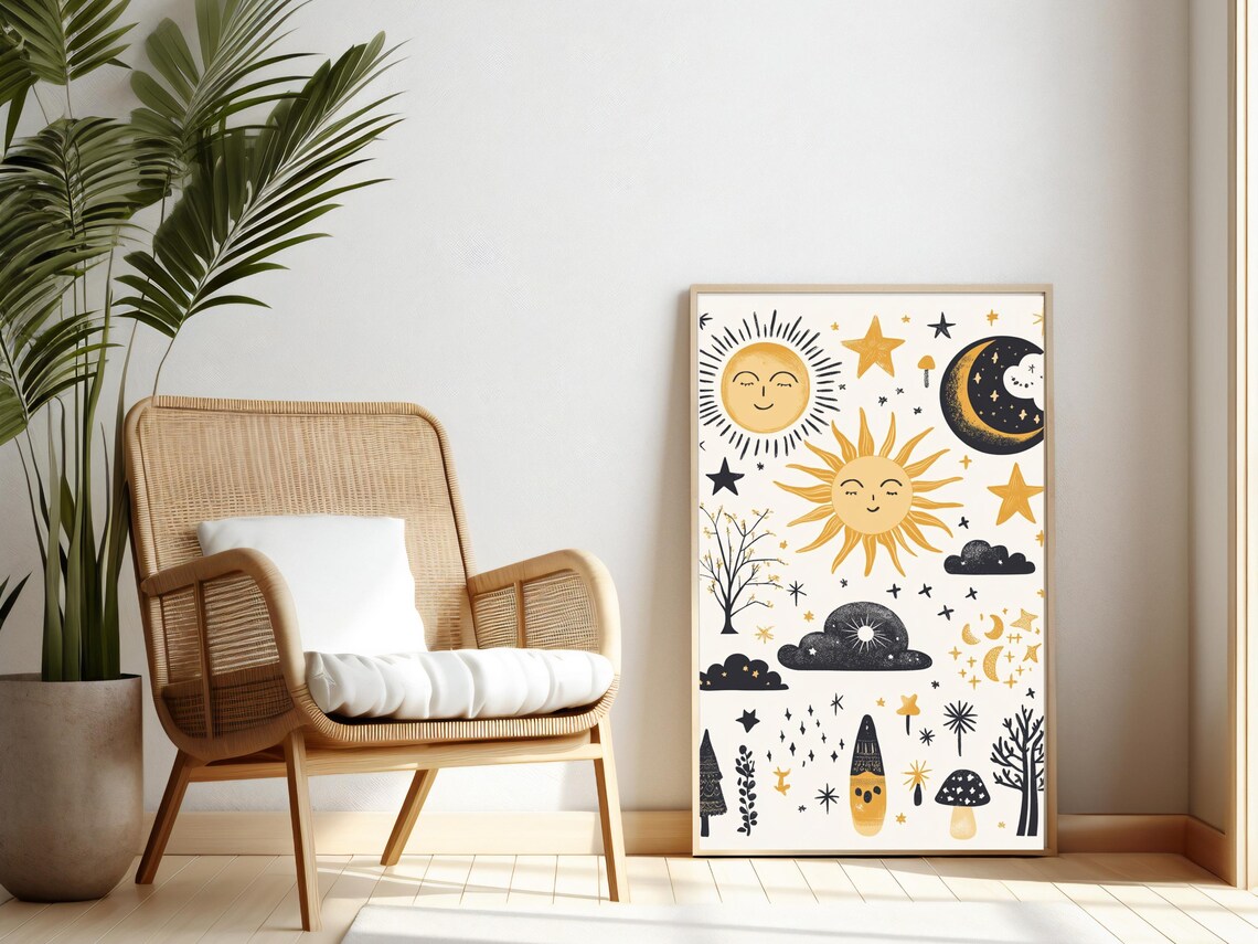 Sun And Moon Celestial Wall Art Set Whimsical Star Planet Prints Day Nursery Decor
