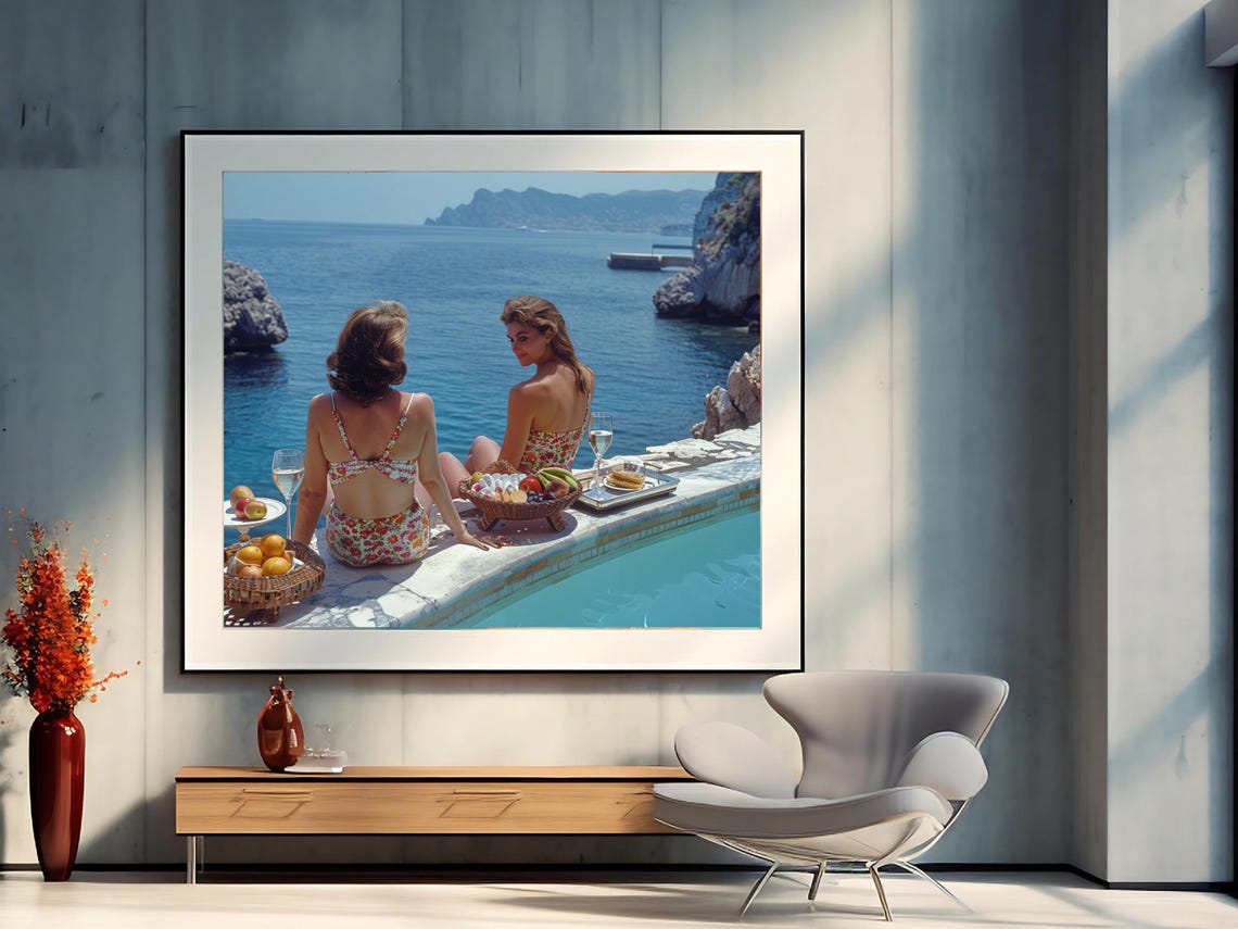 Retro Mediterranean Poolside Glam Summer Cliffside Photo Art Poster