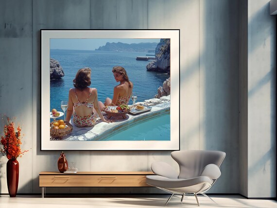 Retro Mediterranean Poolside Glam Summer Cliffside Photo Art Poster