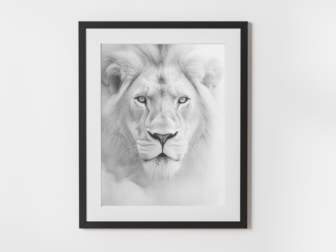 Minimalist White Lion Portrait Monochrome Luxury Animal Art Poster