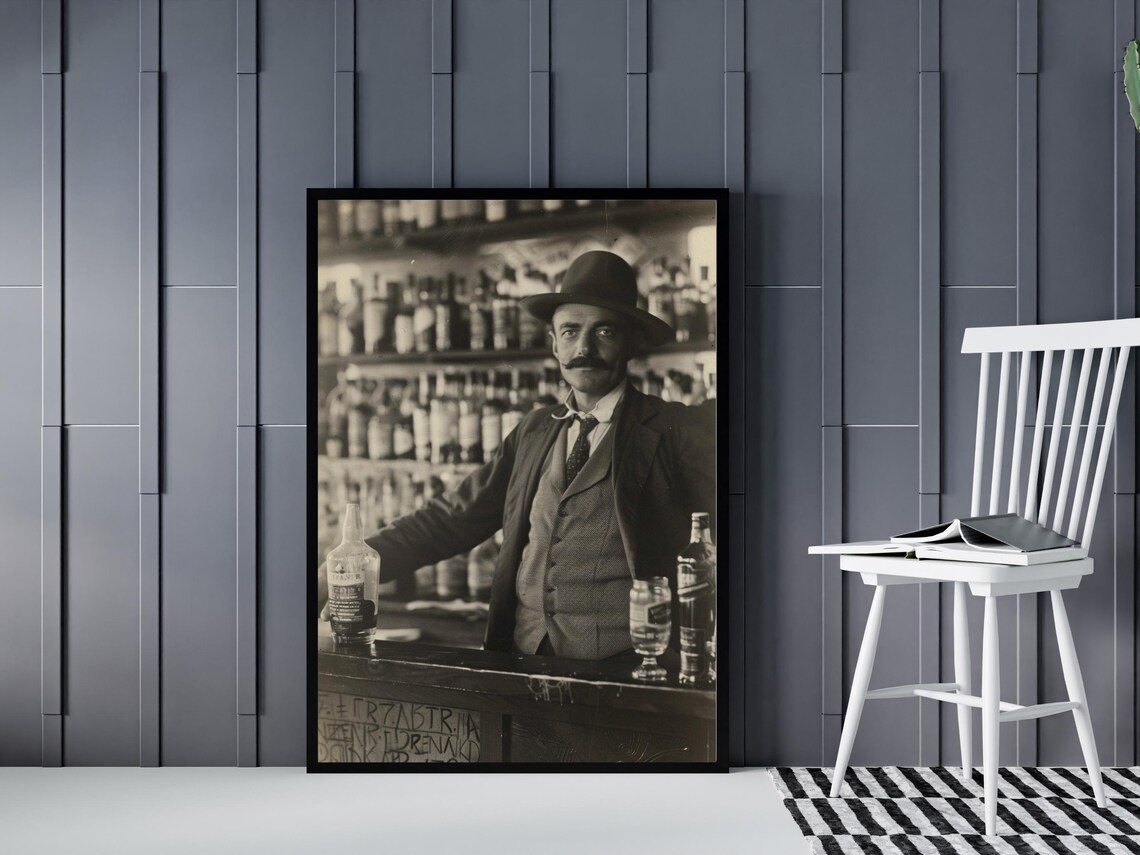 Vintage Sepia Saloon Bartender Portrait Western Bar Photograph Poster