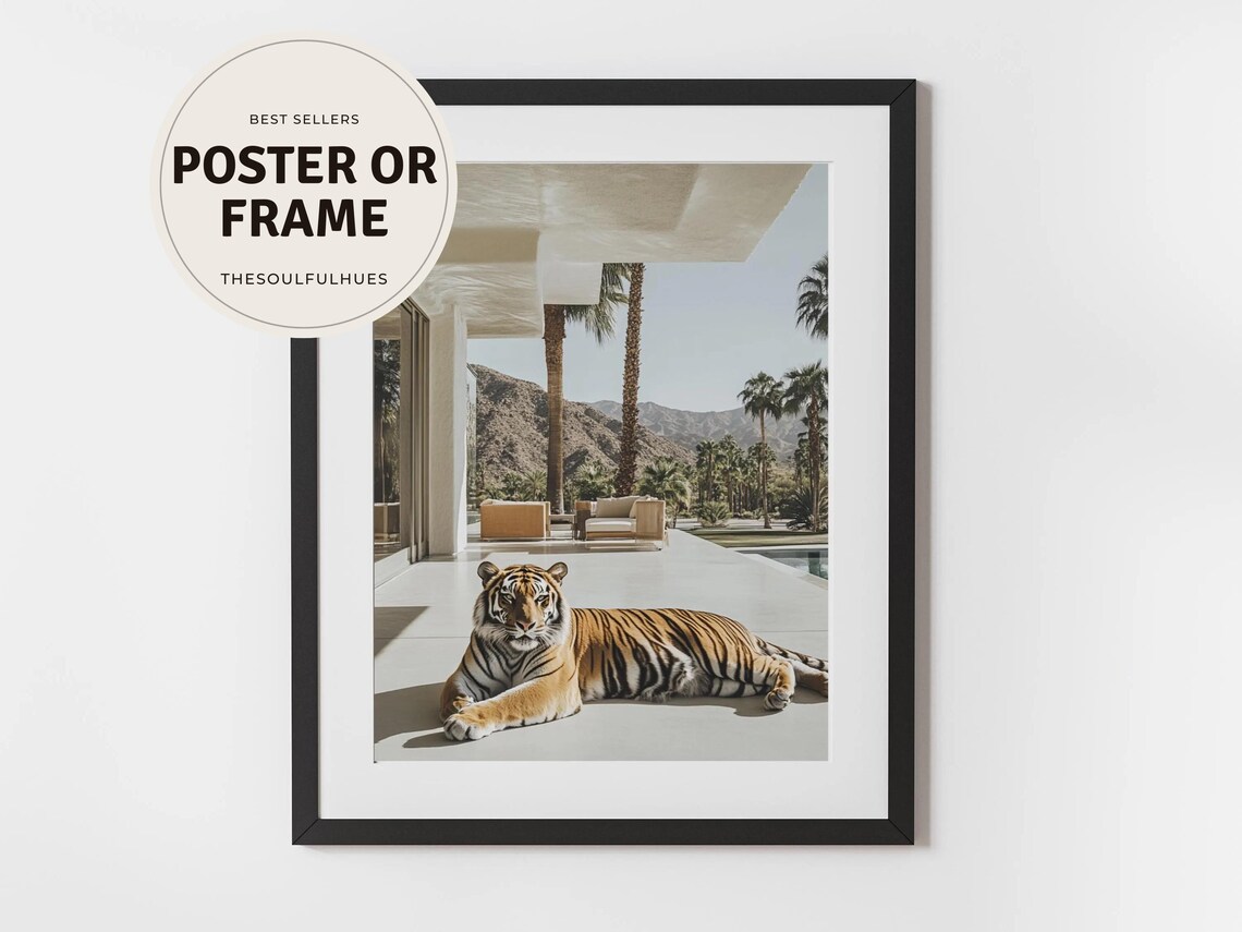 Slim Aarons Inspired Palm Springs Wall Art Retro Tiger Glam Print Midcentury Modern Decor
