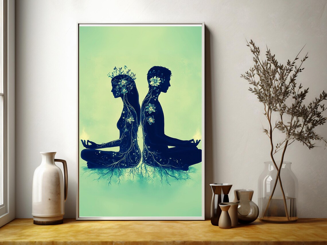 Yin Yang Meditating Couple Floral Roots Spiritual Balance Poster