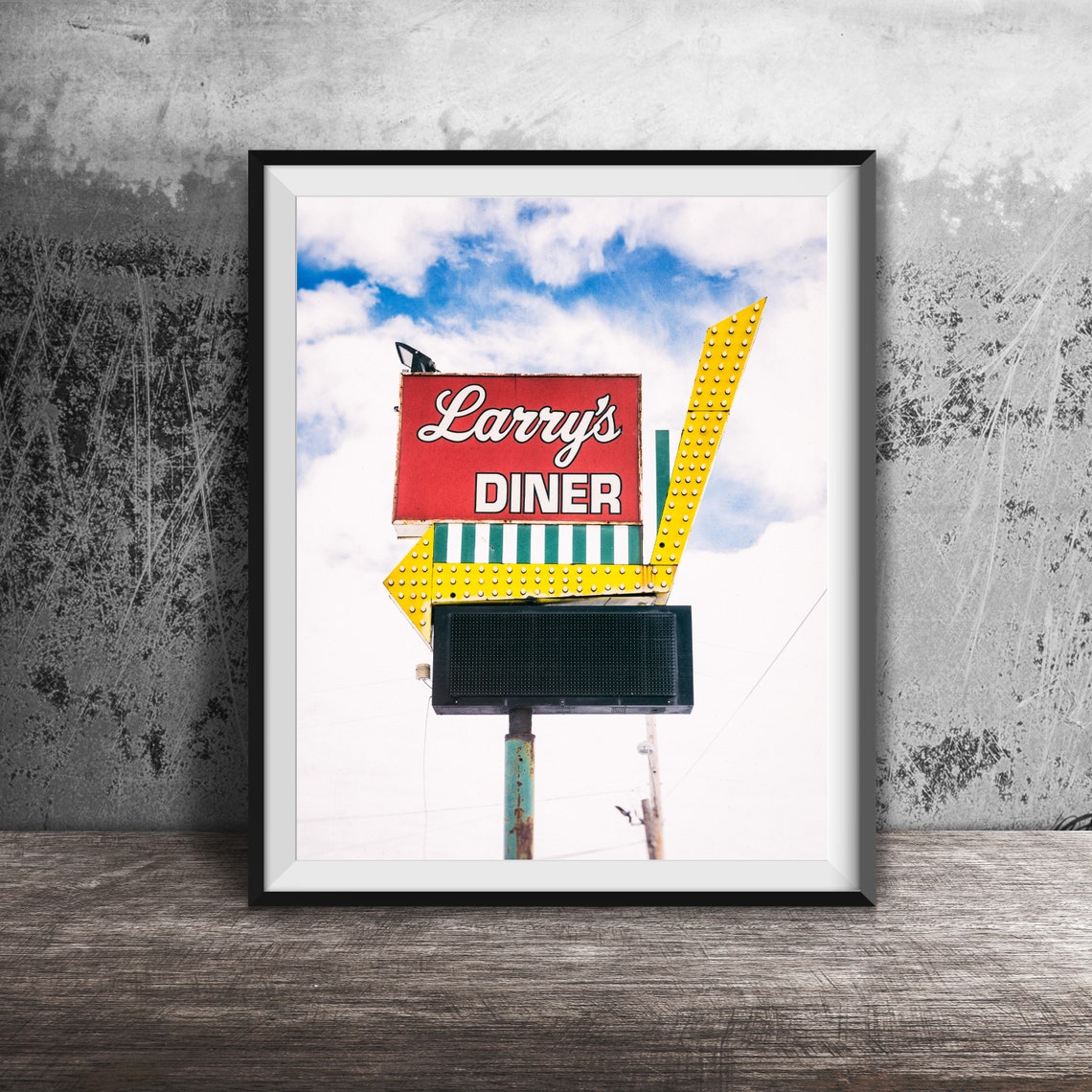 Larry's Diner Retro Yellow Bulb Arrow Marquee Sign Diner Poster