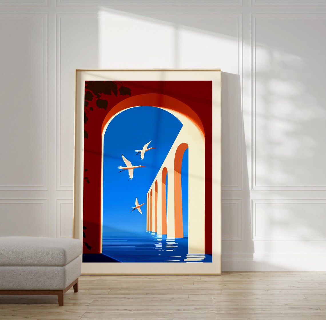 Abstract Red Arches Over Blue Sea Seagulls Surreal Coastal Modern Poster