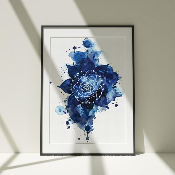Navy Blue Mandala Watercolor Zen Meditation Wall Decor Art Poster