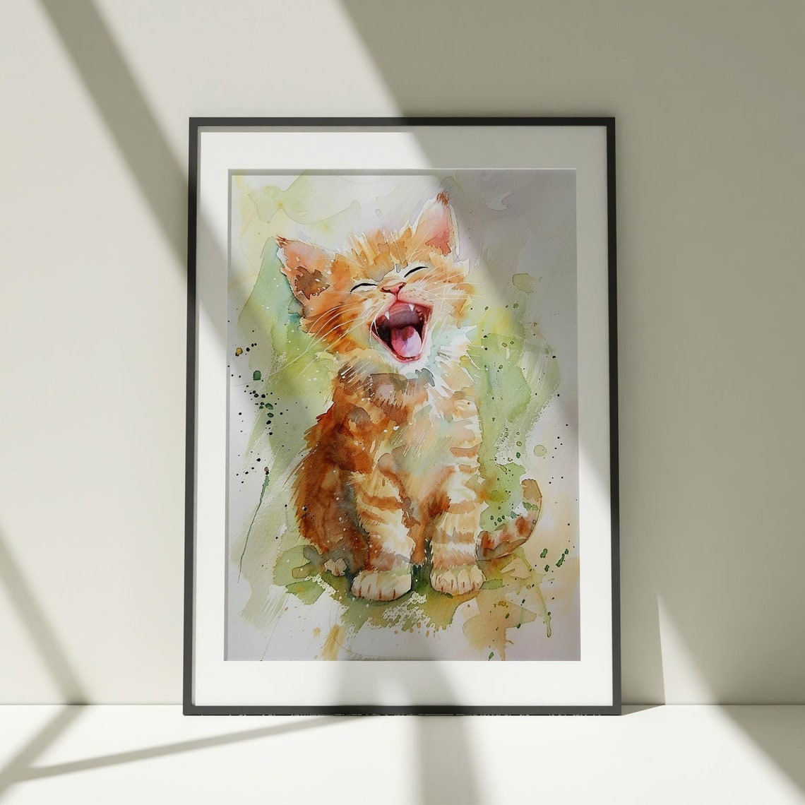 Orange Tabby Kitten Watercolor Laughing Playful Cat Art Poster