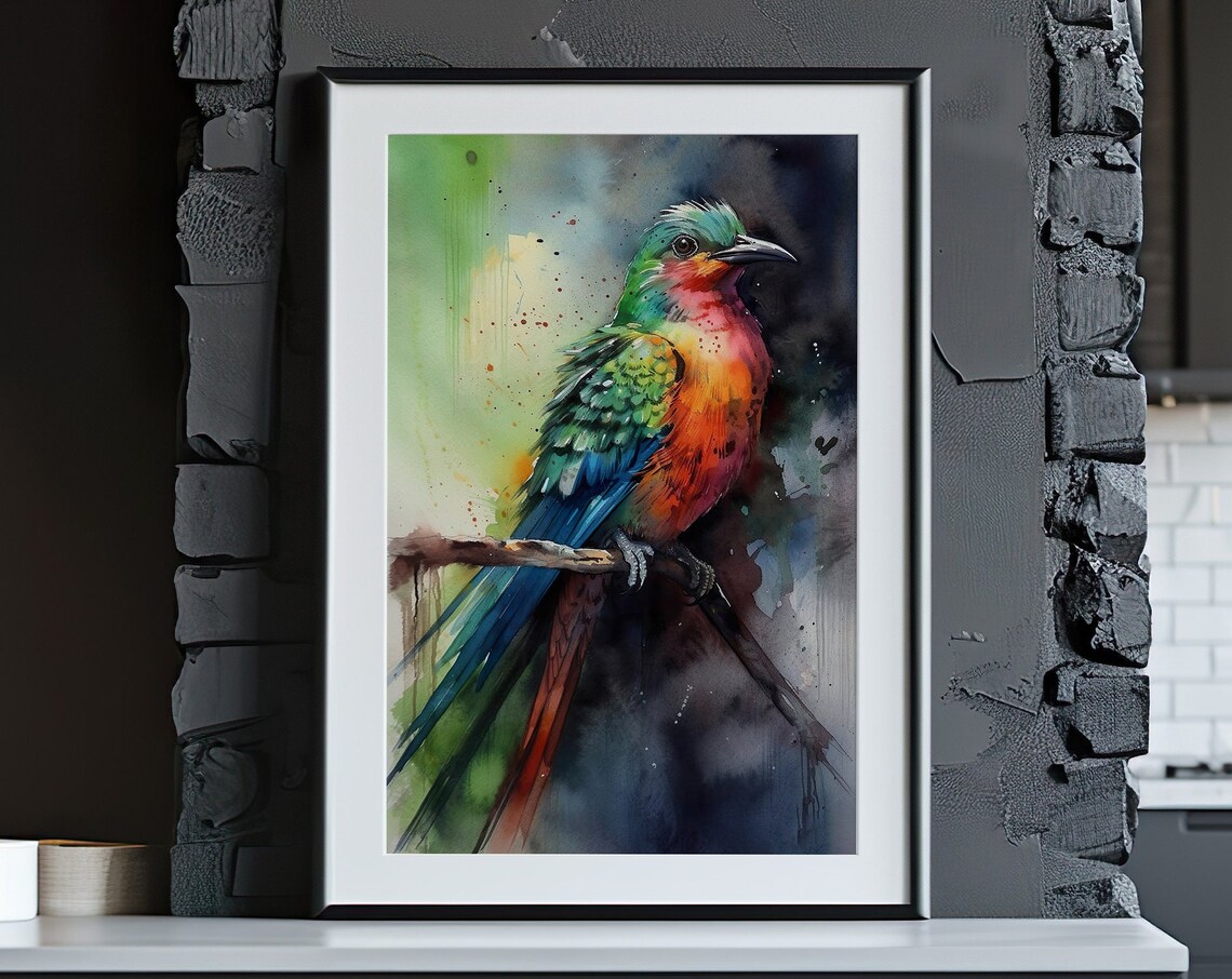 Colorful Tropical Bird Watercolor Perched Songbird Art Poster