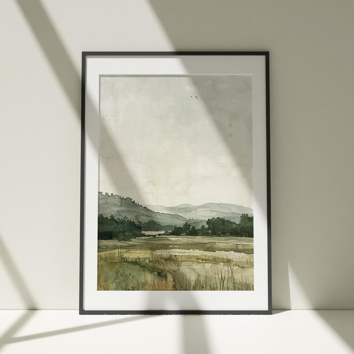 Muted Green Valley Watercolor Serene Hillside Landscape Art Poster