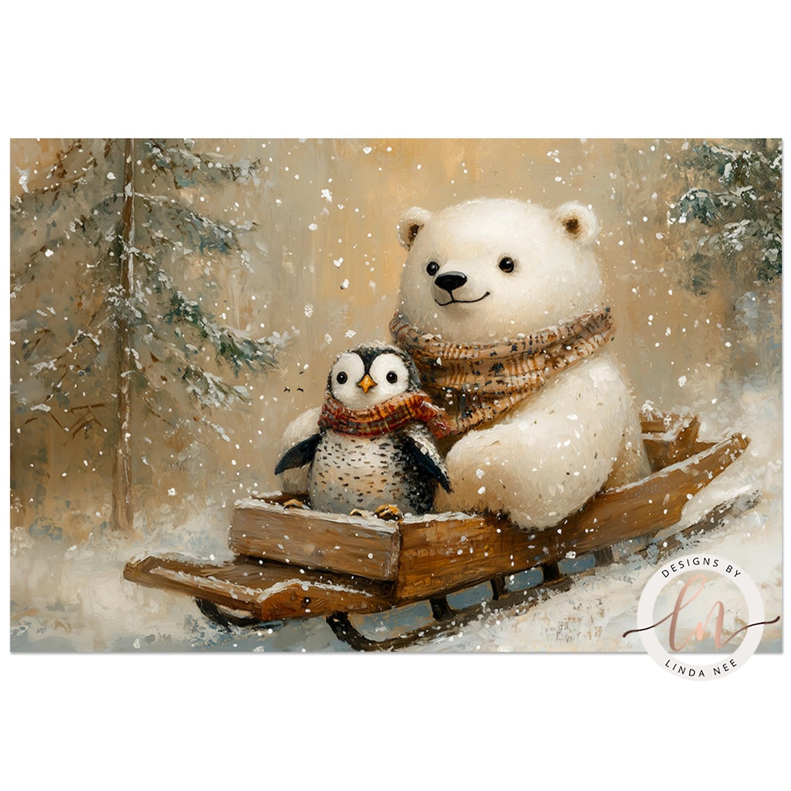 Polar Bear and Penguin Christmas Art Print, Vintage Farmhouse - Image 2