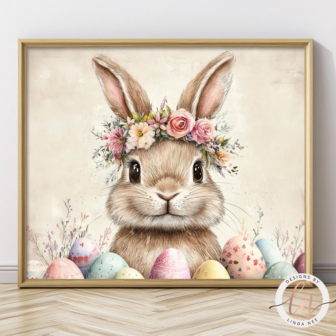 Easter Bunny Floral Crown Painted Eggs Cute Spring Nursery Art Poster - Image 2