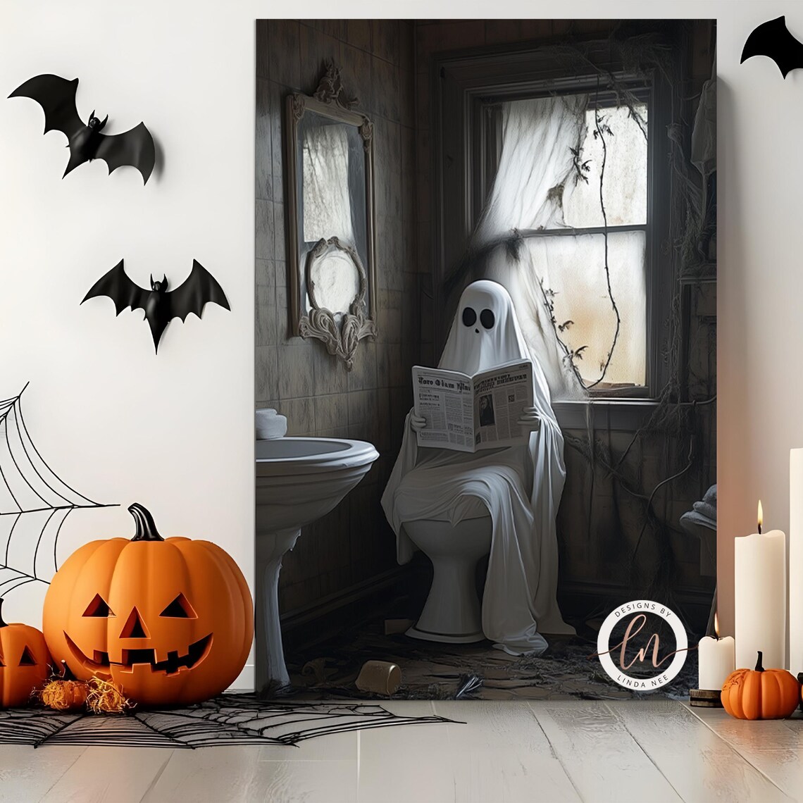 Funny Ghost Sitting On Toilet Reading Newspaper Spooky Bathroom Wall Poster - Image 2