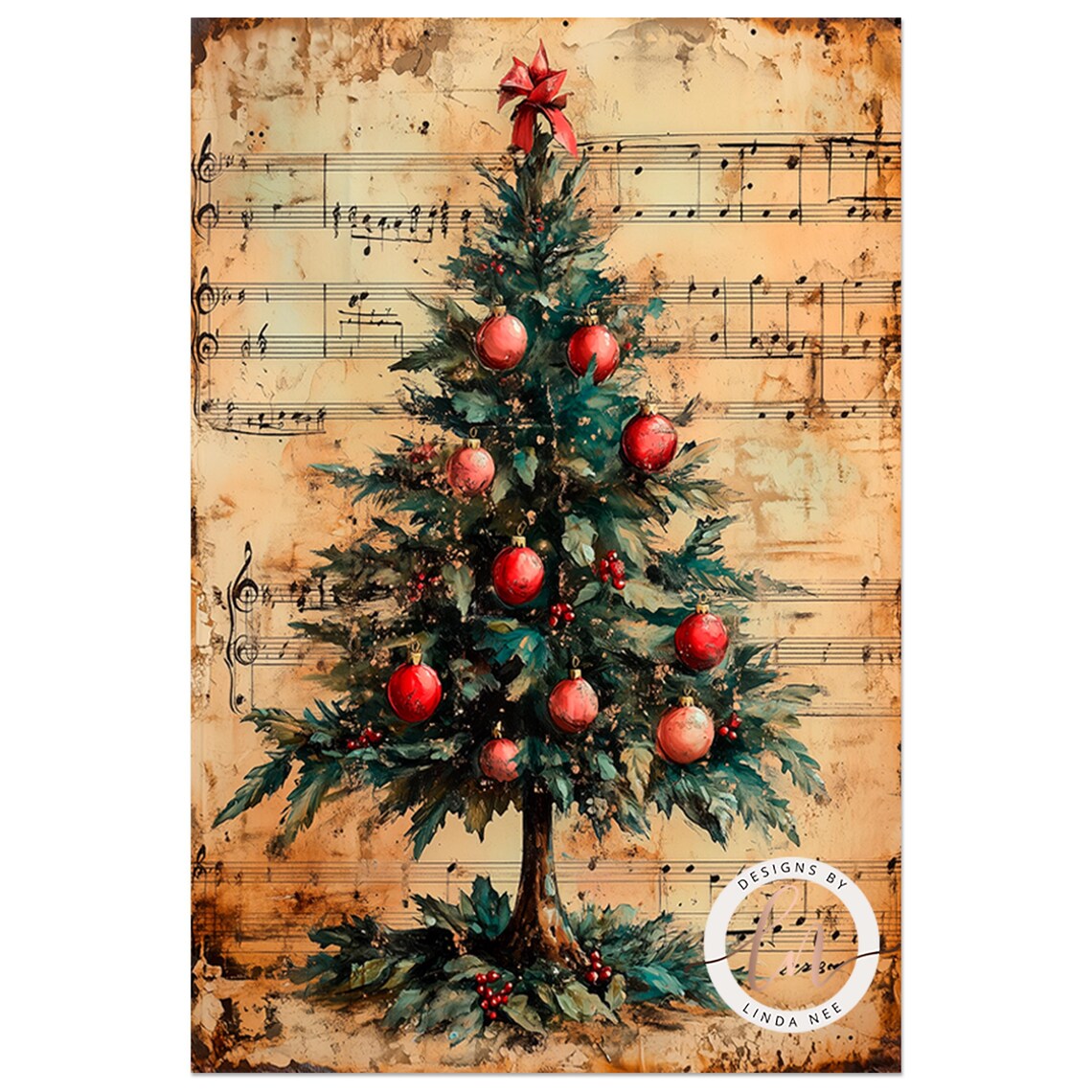 Vintage Sheet Music Christmas Tree Art Print, Hymns - Image 3