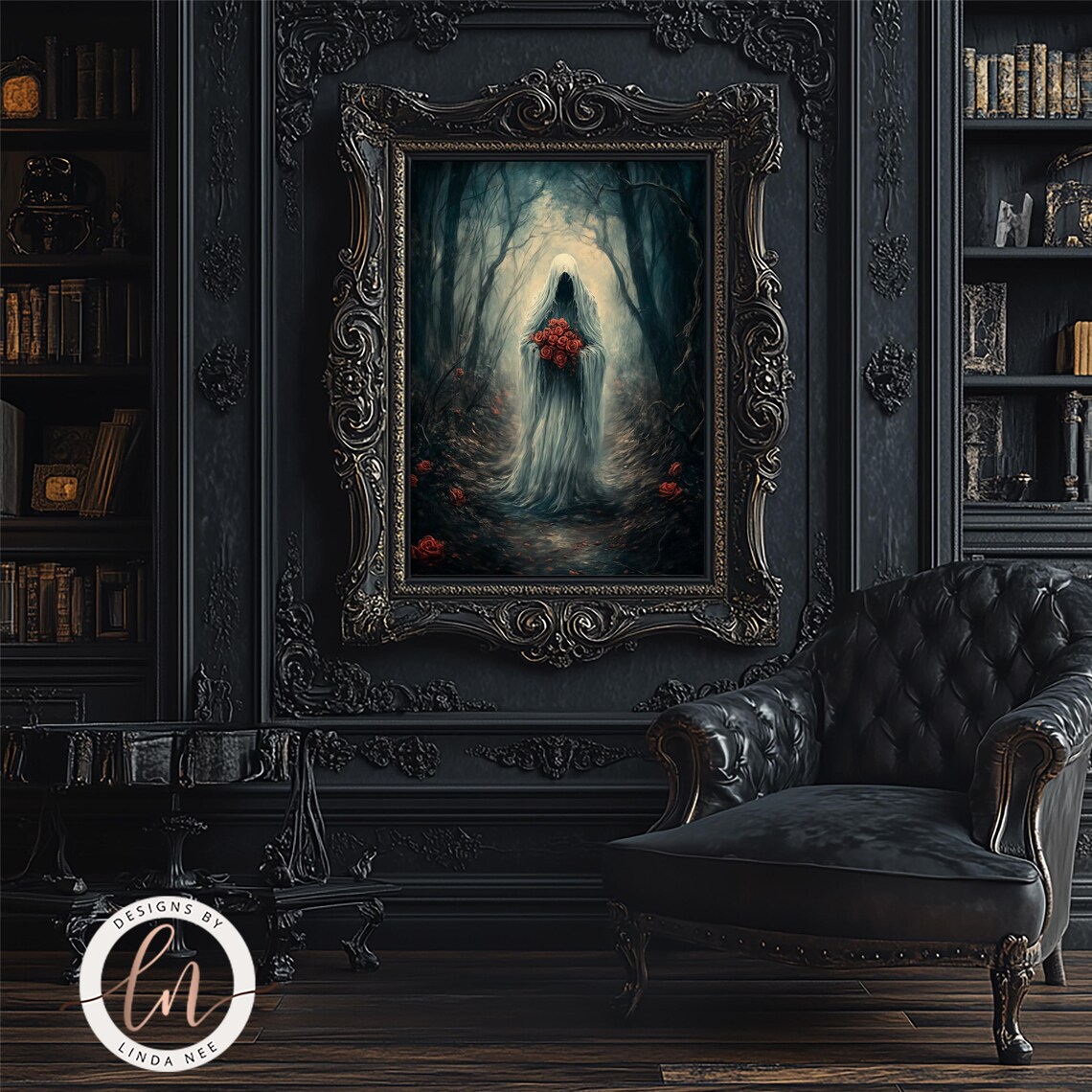 Dark Academia Ghost Holding Roses, Vintage Poster - Image 3