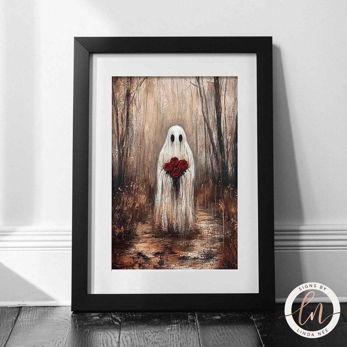 Romantic Ghost Holding Red Roses Dark Forest Gothic Valentines Wall Poster - Image 4