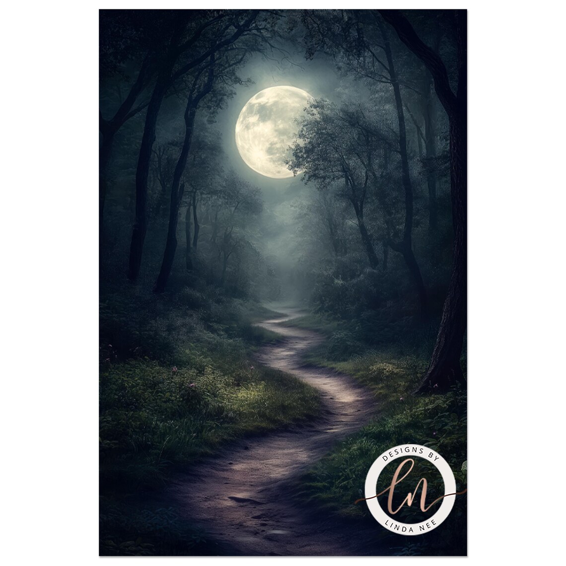 Full Moon Misty Forest Path Night Dark Moody Woodland Wall Art Poster - Image 4
