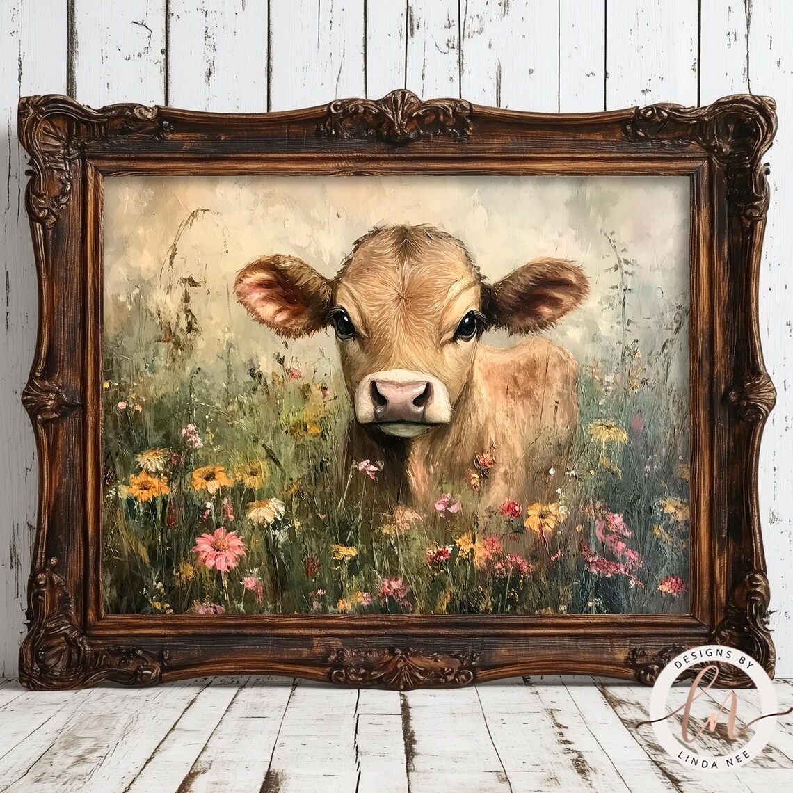 Highland Cow in Wildflowers, Rustic Farmhouse Art Print