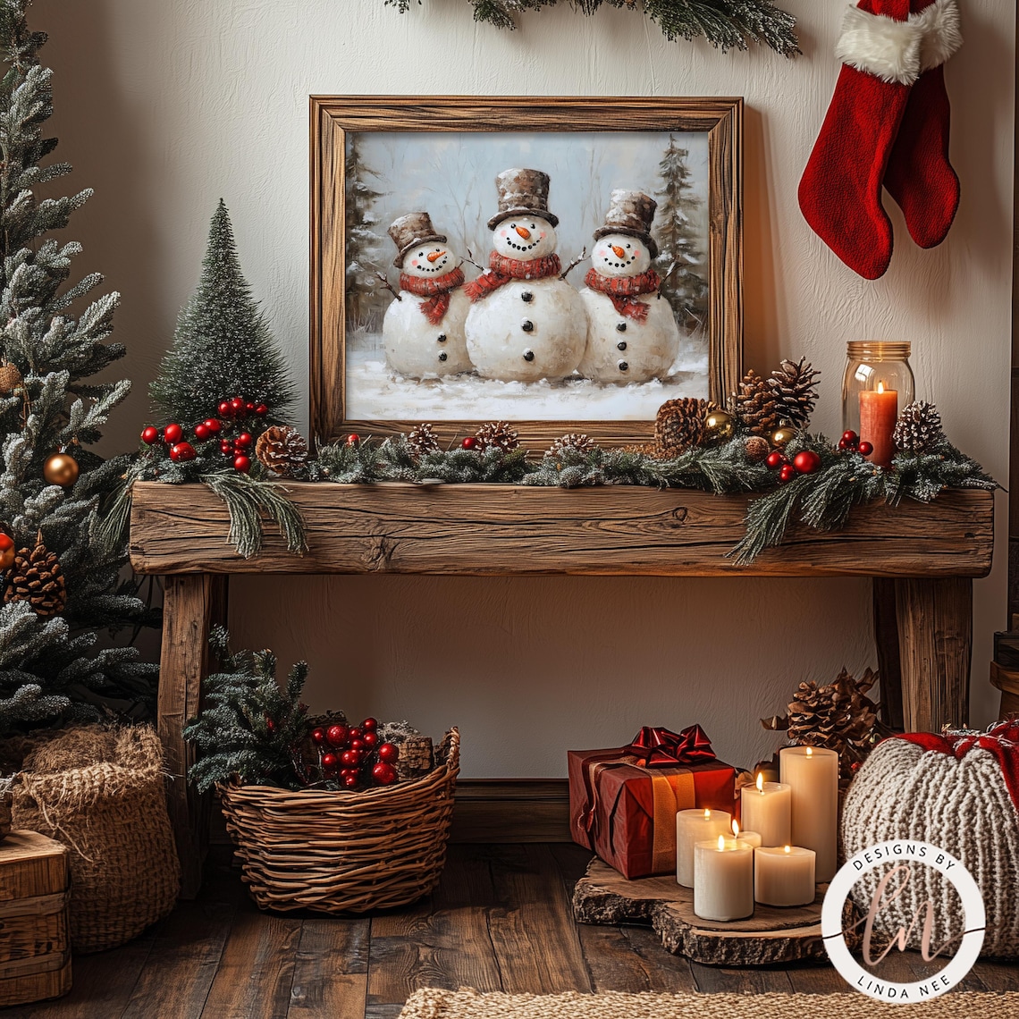 Vintage Snowman Family Christmas Art Print, Farmhouse - Image 3