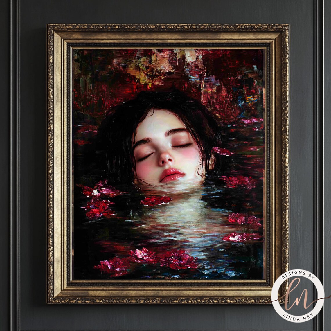 Woman Face Water Red Flowers Dark Gothic Victorian Moody Wall Poster - Image 4