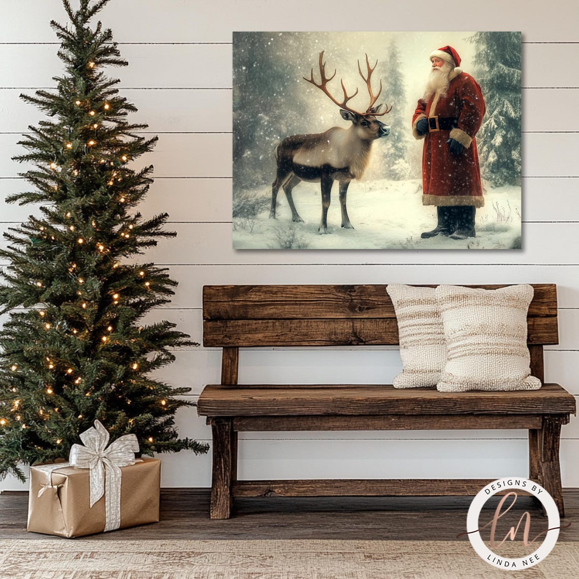 Vintage Santa Claus Reindeer Snowy Forest Christmas Nostalgic Poster - Image 4