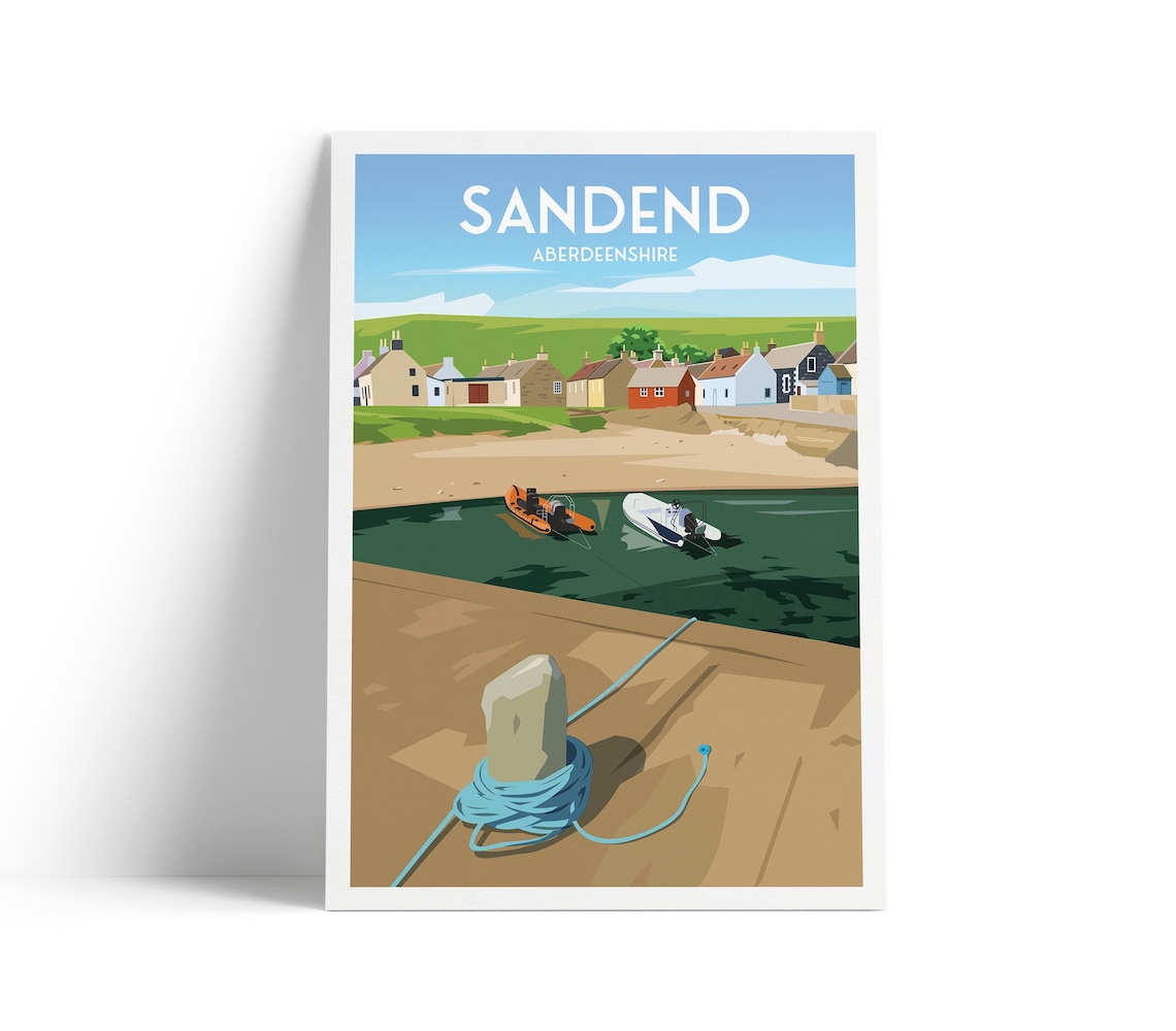 Sandend Aberdeenshire Coastal Village Boats Harbor Scotland Travel Poster