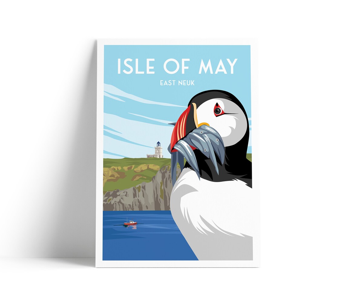 Isle Of May Puffin And Lighthouse Vintage Travel Poster