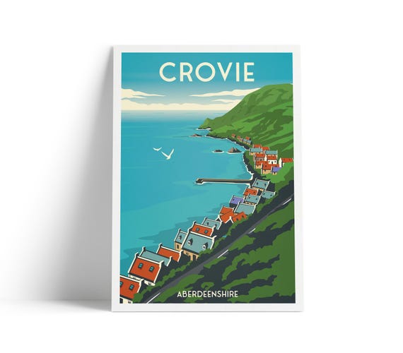 Crovie Travel Poster Coastal Village Wall Art Print Aberdeenshire Scotland Illustration With Cliffside View