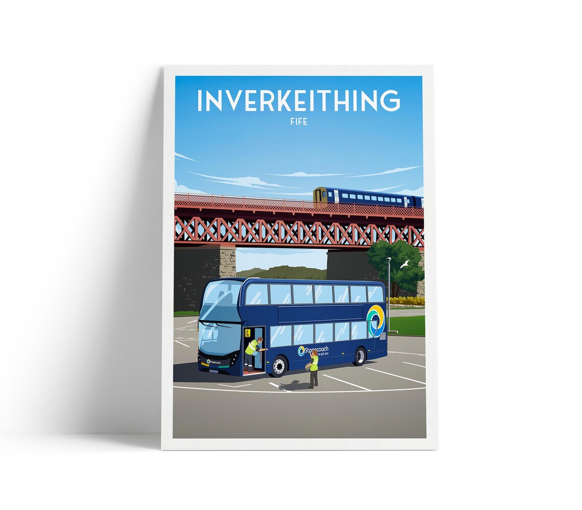 Inverkeithing Fife Rail Bridge Stagecoach Bus Retro Travel Poster