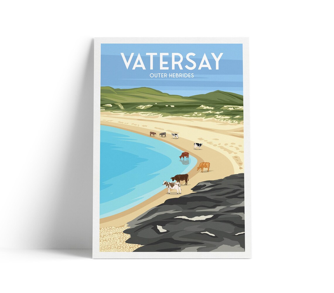 Vatersay Outer Hebrides Beach Cows Turquoise Bay Scottish Travel Poster