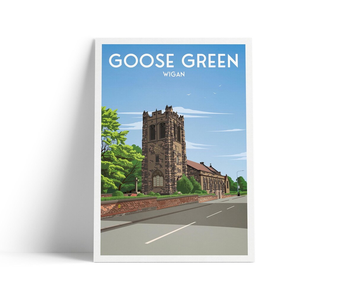 Goose Green Wigan St Pauls Church Vintage Style Illustration Travel Poster