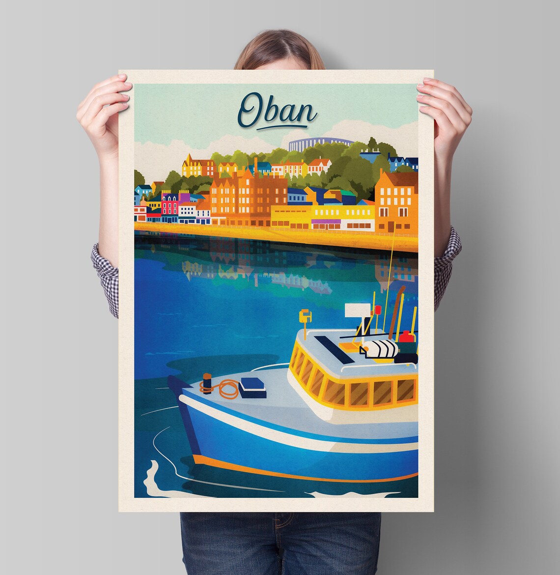 Oban Scotland Harbour and Fishing Boat Colourful Retro Travel Poster