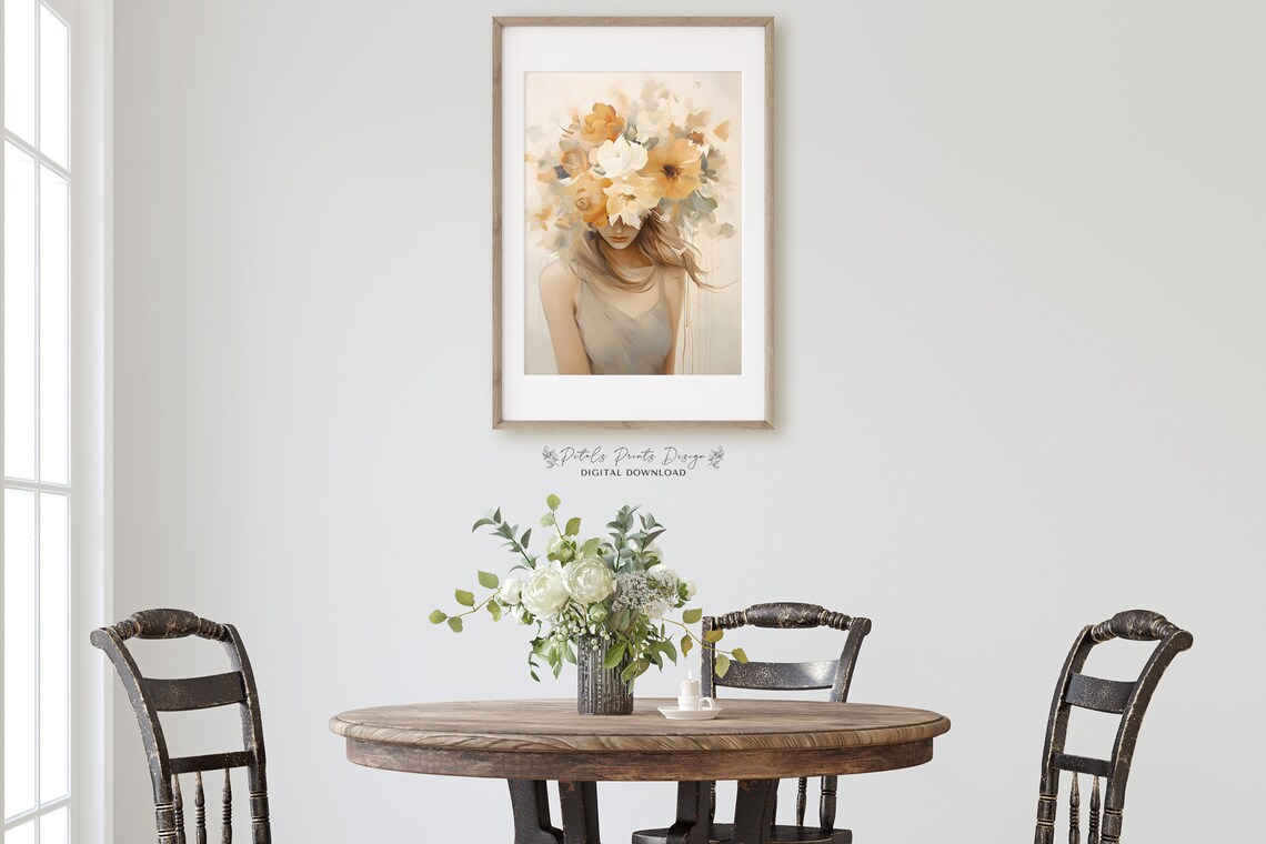 Woman Portrait with Golden Flower Bouquet Over Eyes Floral Art Poster - Image 2