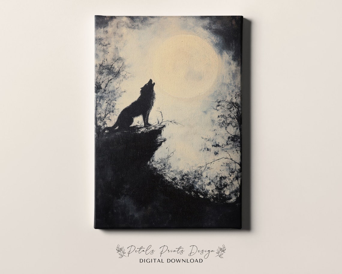Lone Wolf Howling At Moonlit Cliff Vintage Style Painting Poster - Image 4