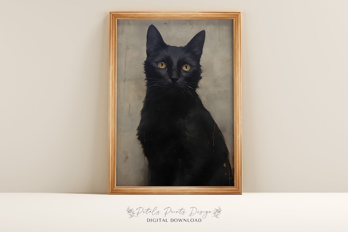 Vintage Halloween Cat Painting, Rustic Spooky Poster