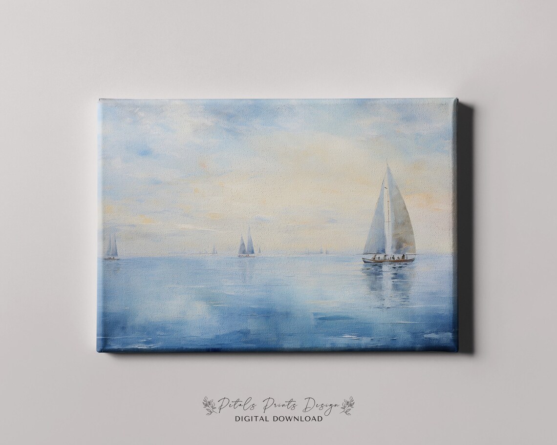 Misty Sailboats Hazy Sunset Seascape Soft Blue Watercolor Poster - Image 2