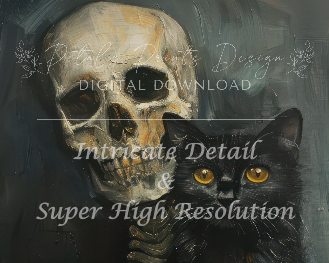 Skeleton And Black Cat Companions Gothic Halloween Painting Poster - Image 2