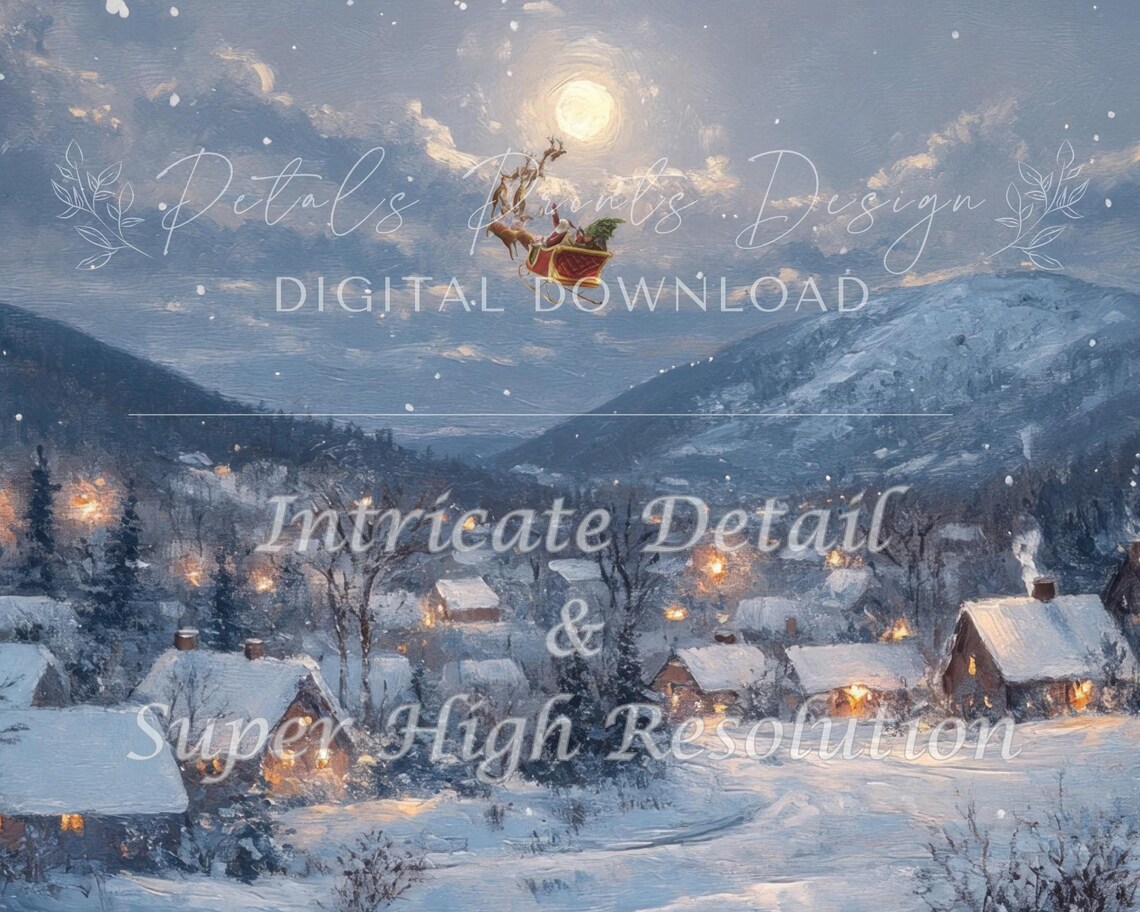 Santa Flying Over Snowy Village Night Moon Christmas Painting Poster - Image 2