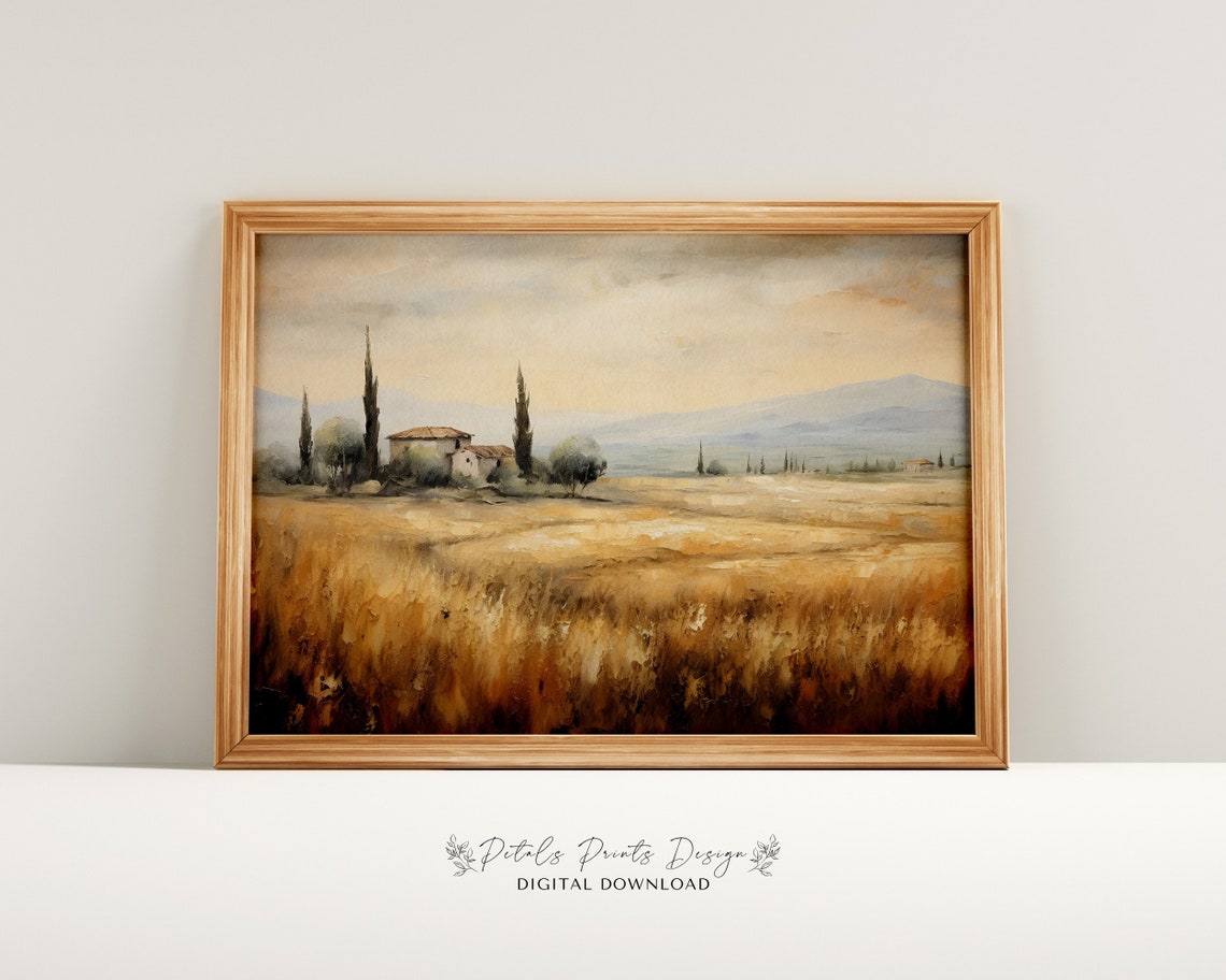 Tuscan Villa Golden Wheat Field Soft Sky Rustic Landscape Oil Poster