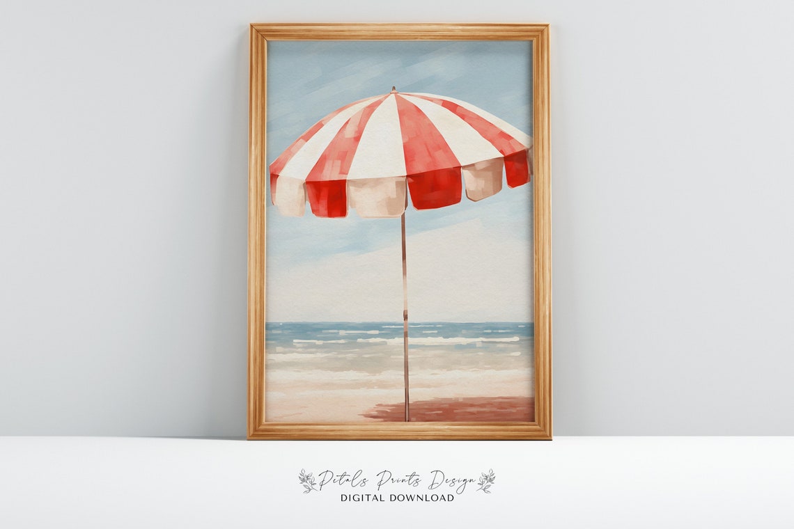Red White Striped Beach Umbrella Ocean Summer Watercolor Poster