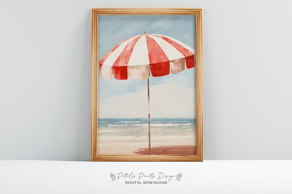 Red White Striped Beach Umbrella Ocean Summer Watercolor Poster