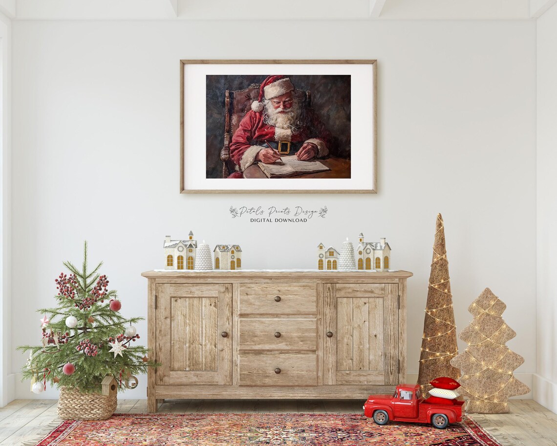Santa Checking Naughty Nice List Vintage Oil Painting Christmas Poster - Image 2