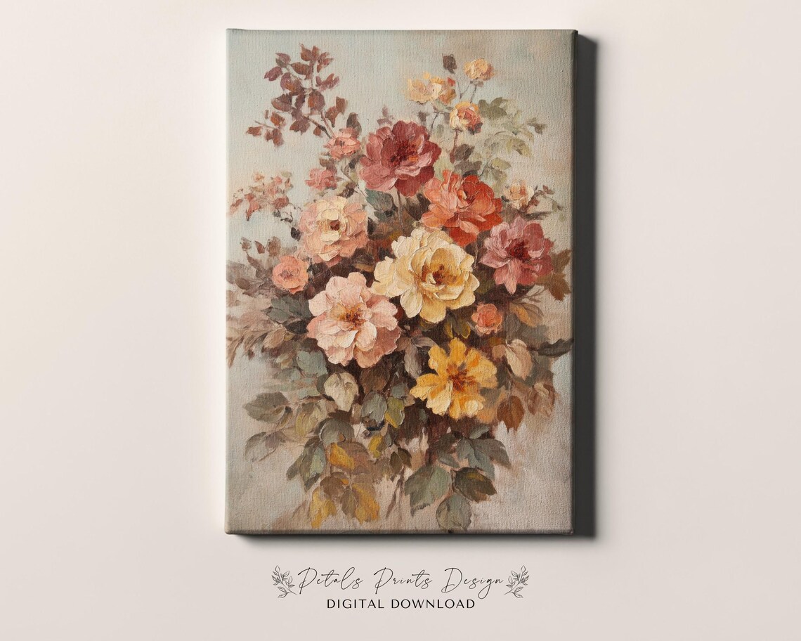 Vintage Rose Bouquet Floral Oil Painting Warm Autumn Tones Poster - Image 4