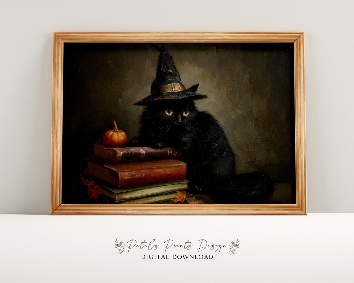 Fluffy Black Cat With Witch Hat And Pumpkin Fall Painting Poster
