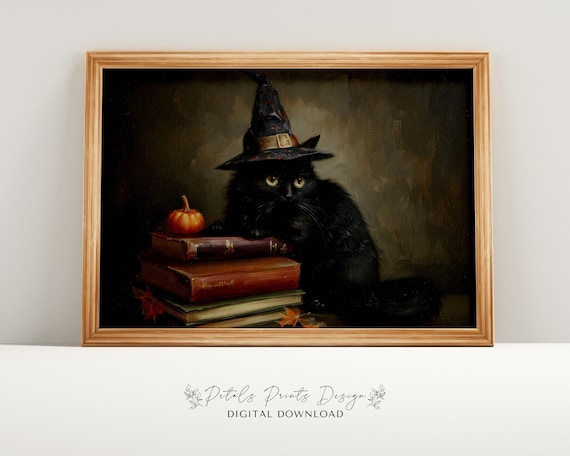 Fluffy Black Cat With Witch Hat And Pumpkin Fall Painting Poster